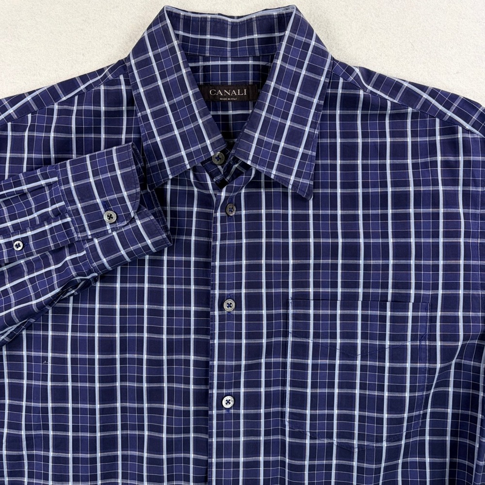 Canali Mens Navy Blue Grid Check Long Sleeve Button Down Shirt Made in Italy L